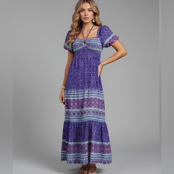 Boho Print A-Line Dress Purple - Picture 1 of 8